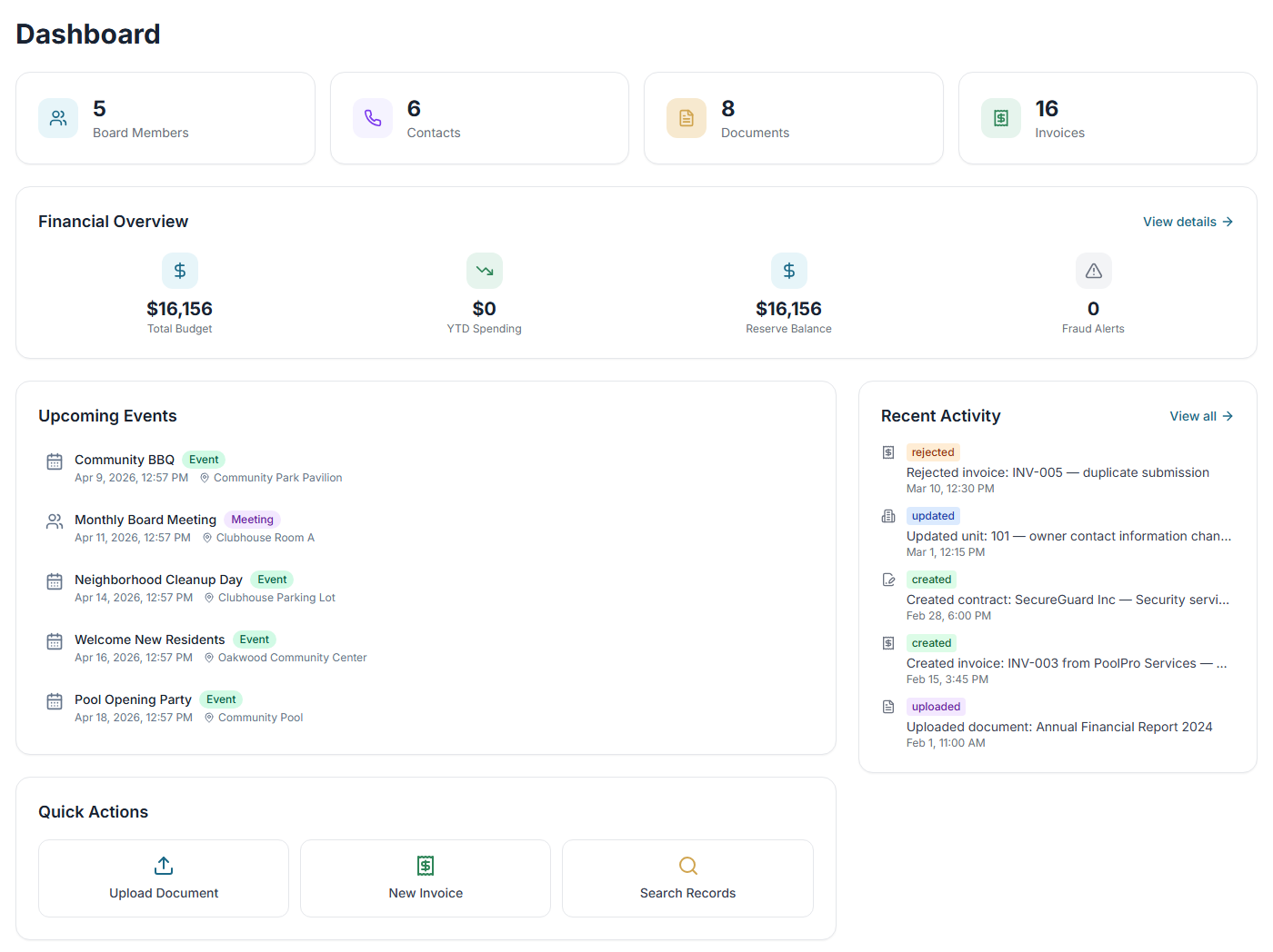 OpenBookHOA Dashboard showing financial overview, upcoming events, and quick actions