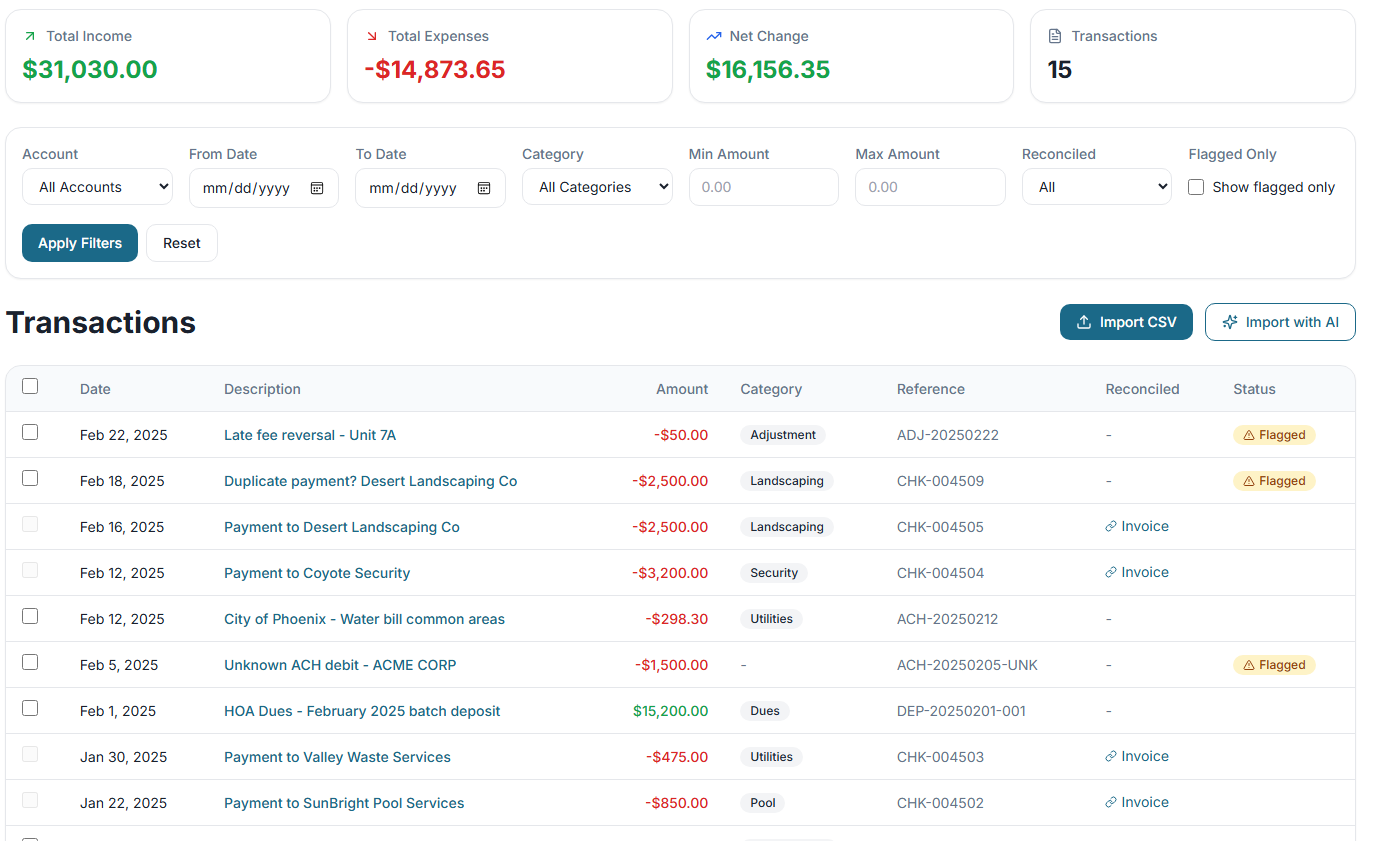 OpenBookHOA Transactions page showing categorized expenses with flagged items